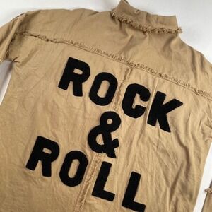 Elan Womens Tan Devan Rock Roll Shacket Snap Down Frayed Distressed Size S